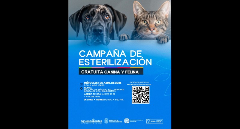 MUNICIPIO DE AGUASCALIENTES E ISSEA INVITAN A JORNADA DE ESTERILIZACIÓN PARA PERROS Y GATOS EN LA COLONIA INSURGENTES