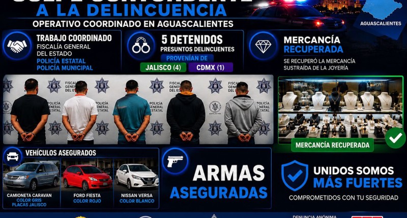 FUERON CINCO LOS DETENIDOS TRAS EL INTENTO DE ROBO A JOYERÍA AL BORTE DE LA CD DE AGS; PROVENÍAN DE JALISCO Y CIUDAD DE MÉXICO
