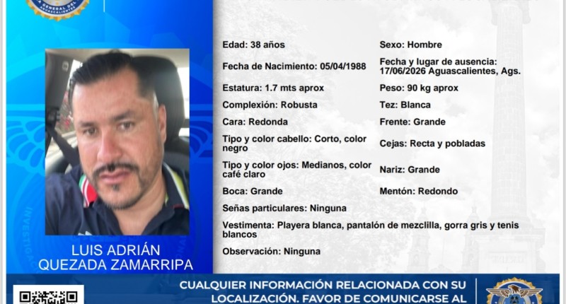 SE BUSCA A LUIS ADRIÁN QUEZADA ZAMARRIPA