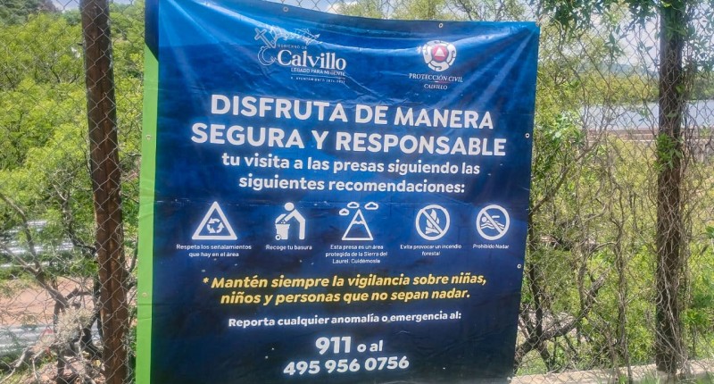 BOMBEROS DE CALVILLO REFUERZAN ACCIONES PREVENTIVAS EN PRESAS CON COLOCACIÓN DE LONAS INFORMATIVAS